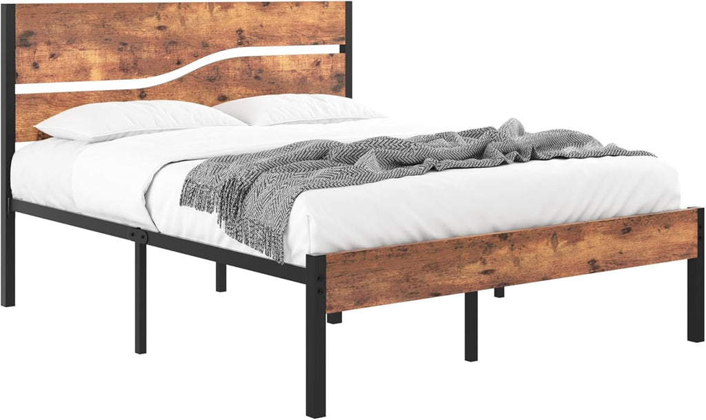 Full Size Metal Platform Bed with Wooden Headboard and Footboard K49459