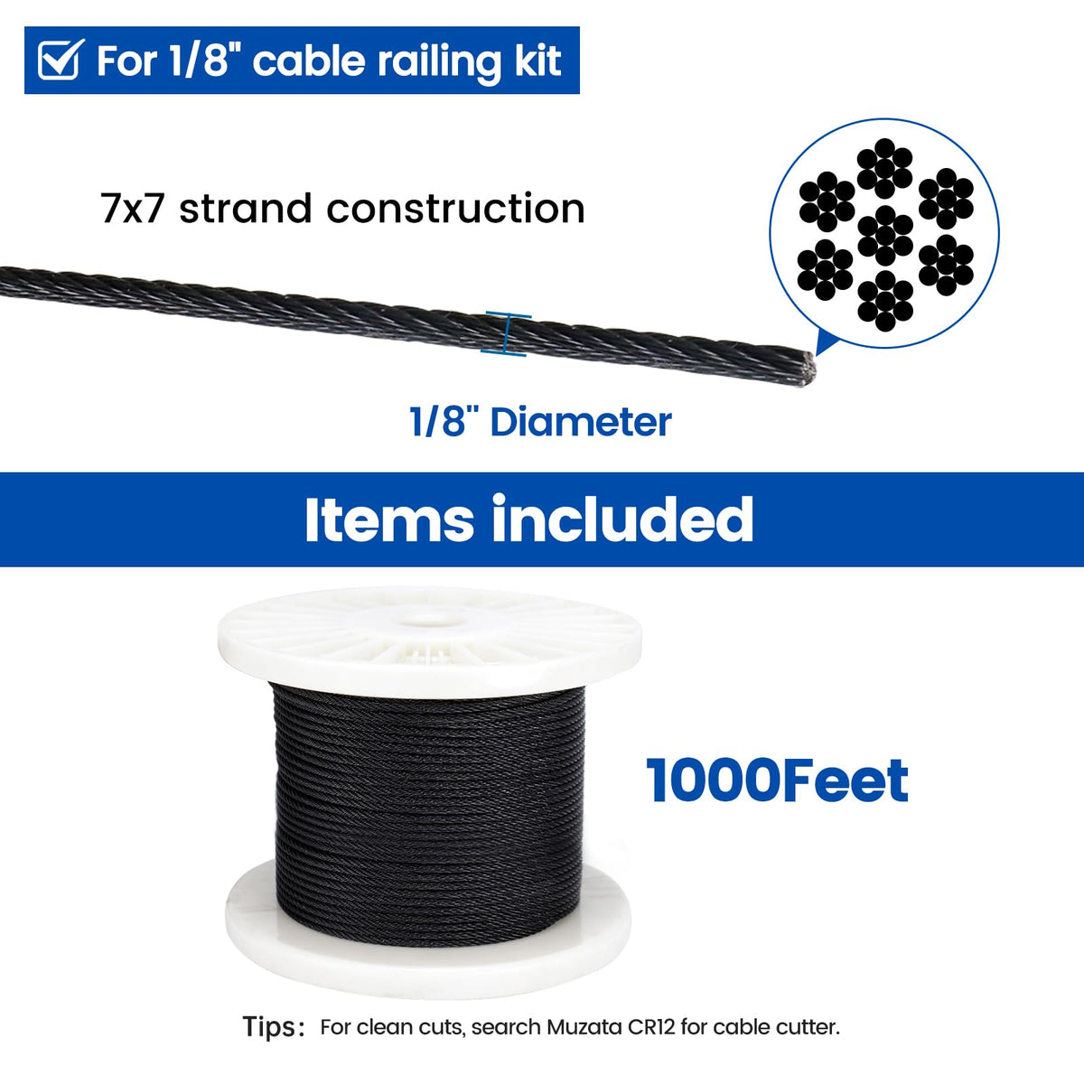 1/8" Black T316 Stainless Steel Cable Railing Wire Rope W160