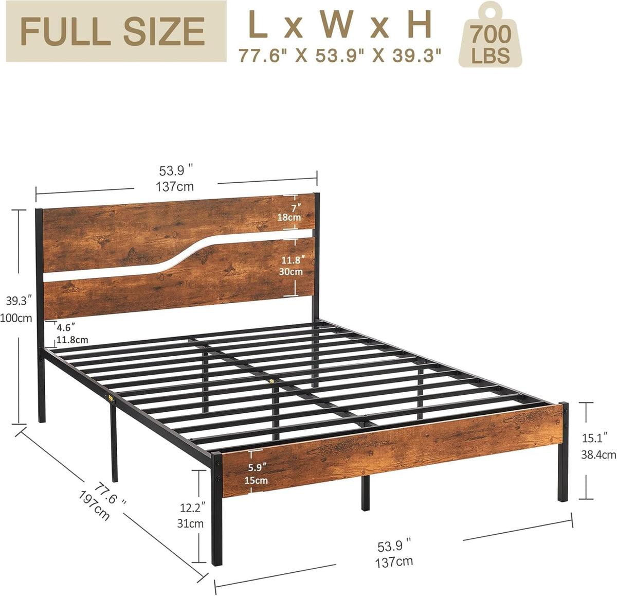 Full Size Metal Platform Bed with Wooden Headboard and Footboard K49459