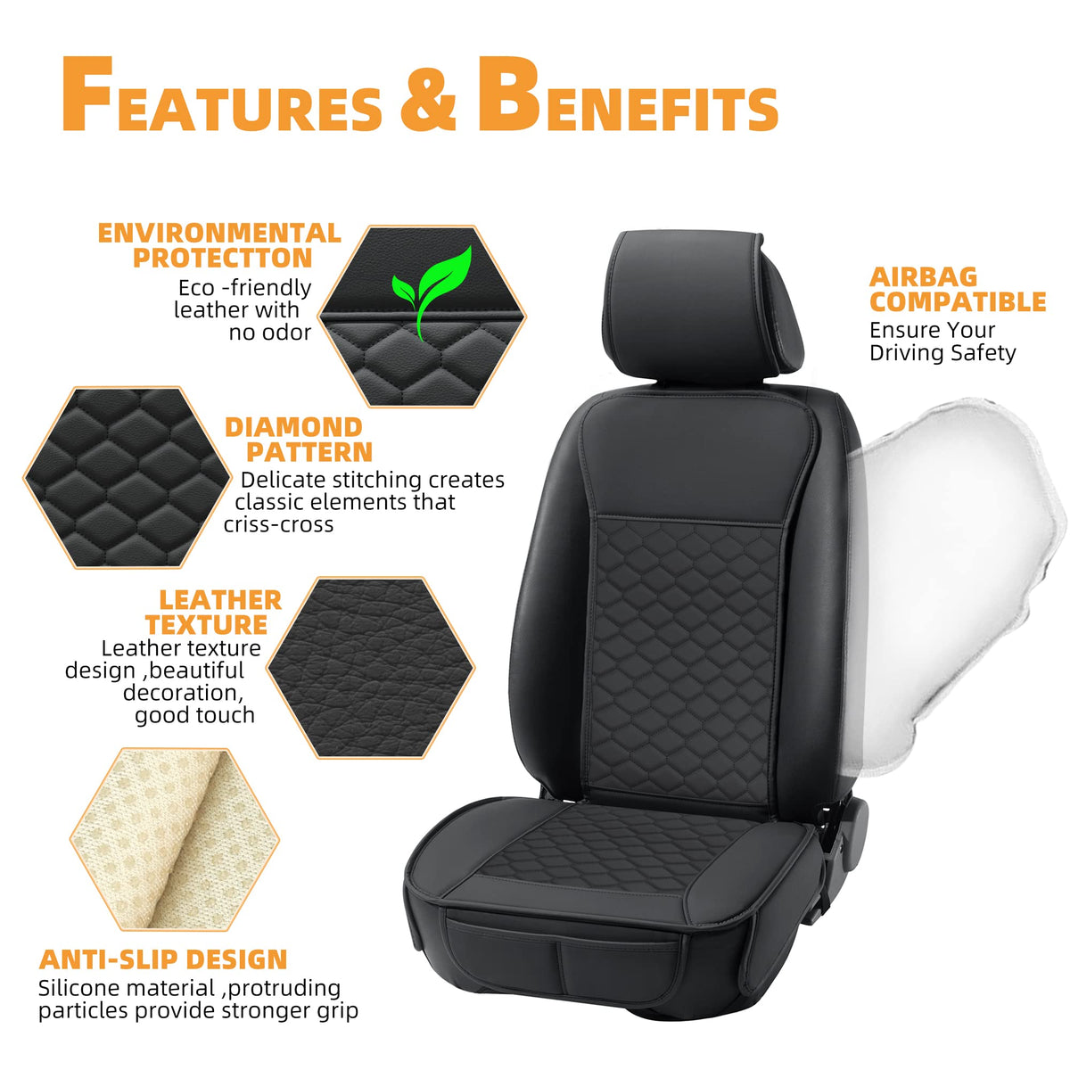 Leather Waterproof Car Seat Cover Full Set Black Y659270