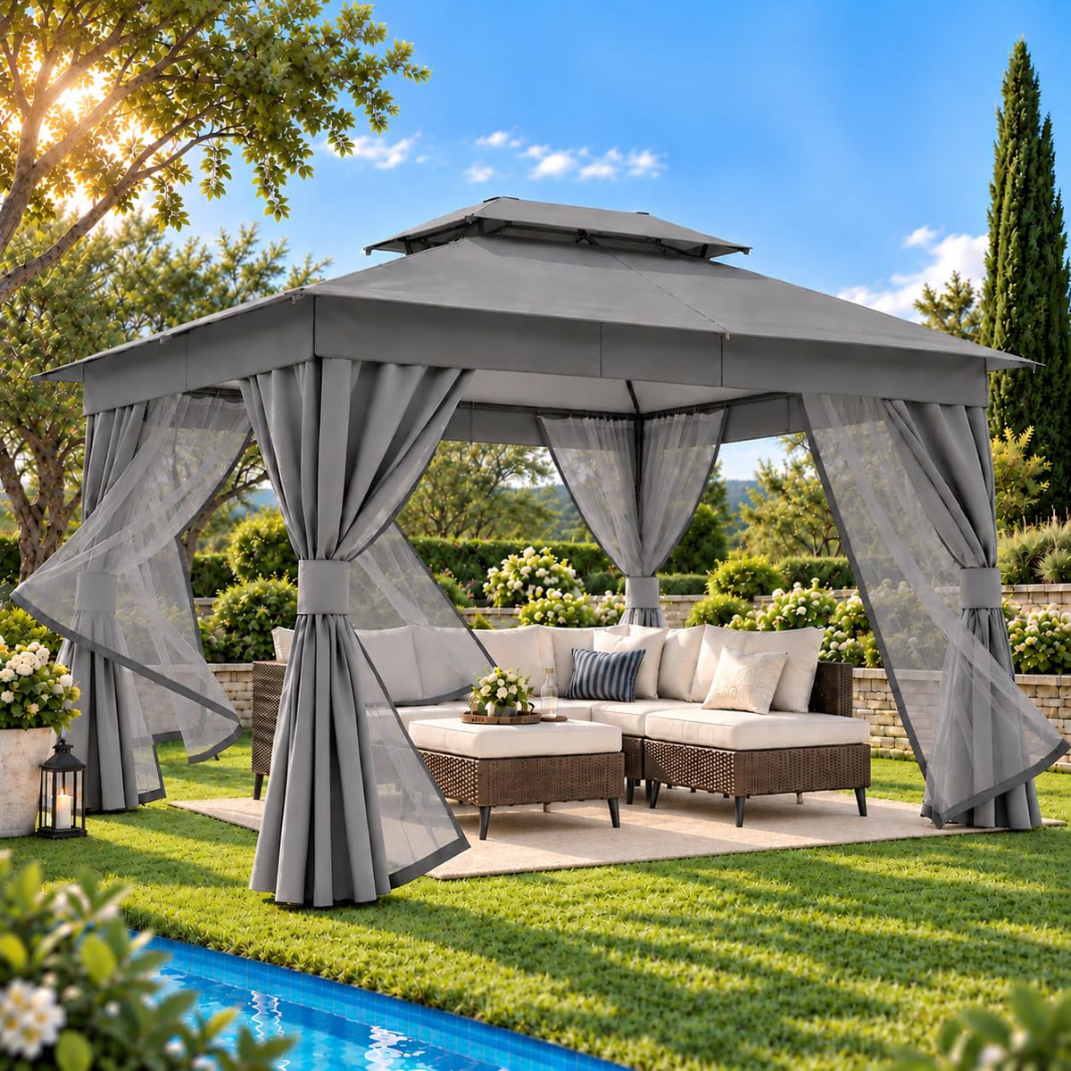 10x13 Gazebo Canopy with Netting, Curtains & Double Roof T2857