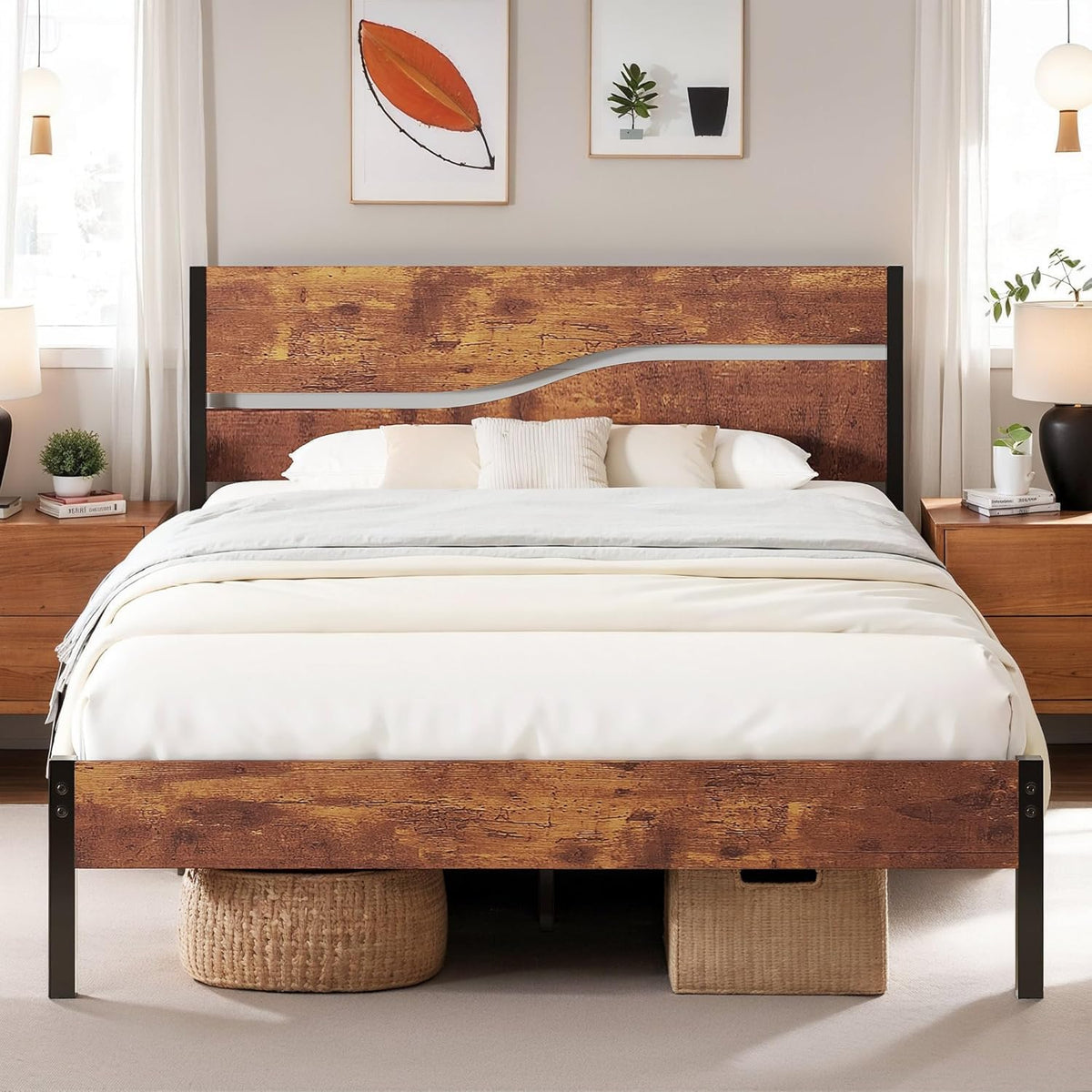 Full Size Metal Platform Bed with Wooden Headboard and Footboard K49459