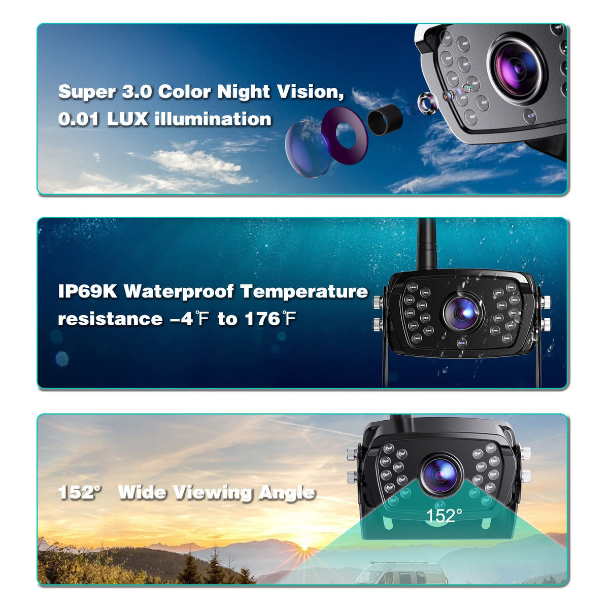 Wireless Backup Camera 7 Inch Monitor Rear View Camera System IP69 Waterproof Night Vision G9788