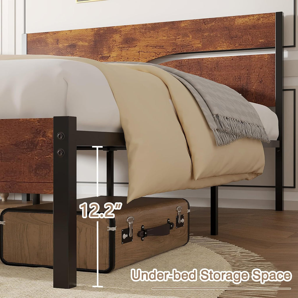 Full Size Metal Platform Bed with Wooden Headboard and Footboard K49459