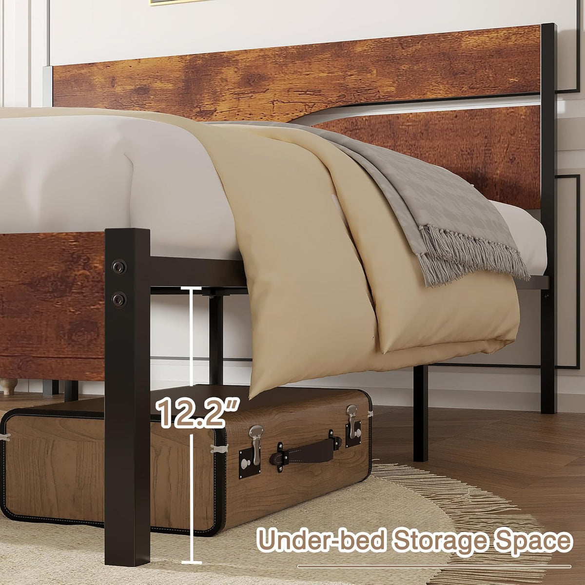 Full Size Metal Platform Bed with Wooden Headboard and Footboard K49459