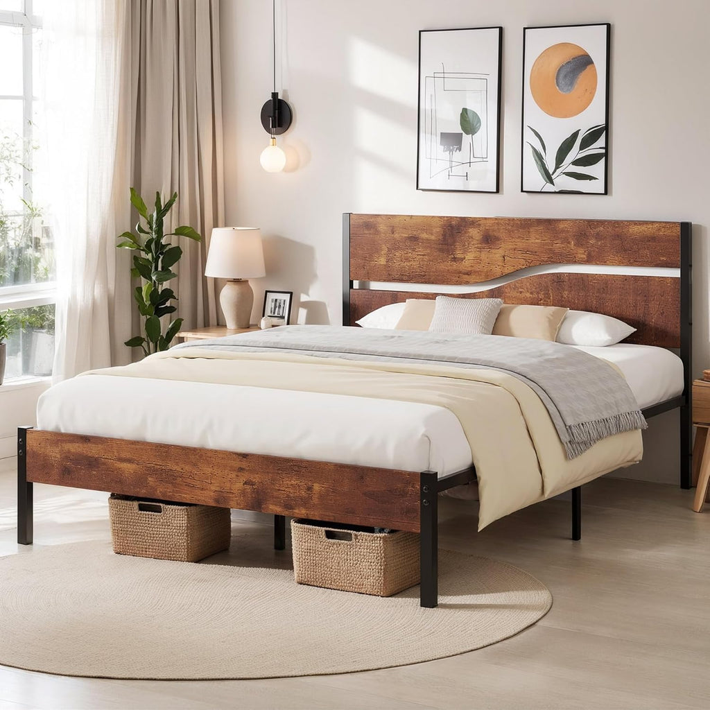 Full Size Metal Platform Bed with Wooden Headboard and Footboard K49459