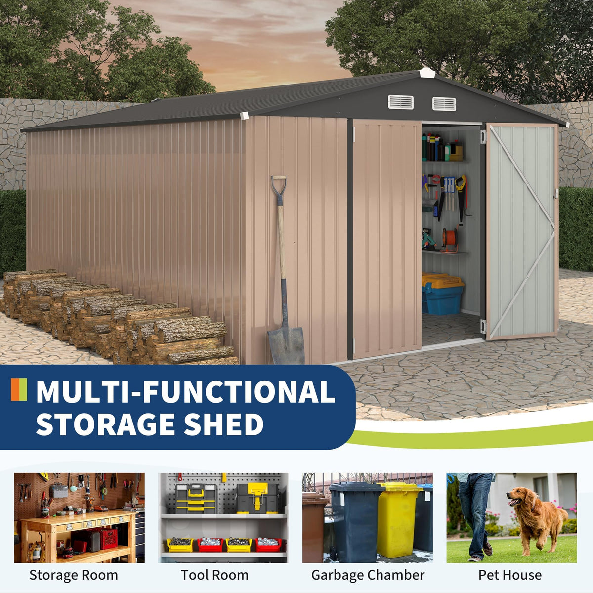 10X14 Ft Metal Storage Building with Lockable Door H8607