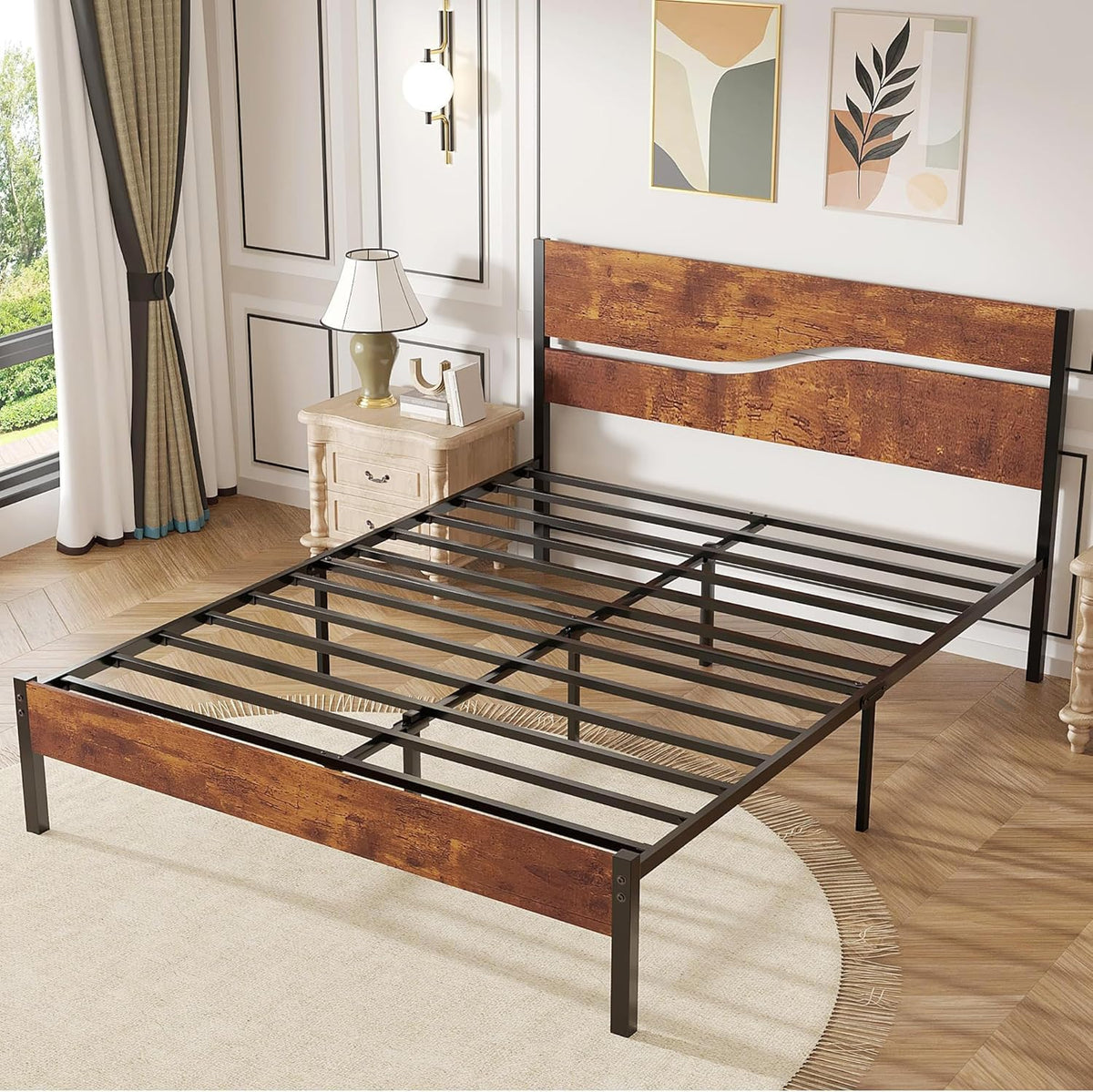 Full Size Metal Platform Bed with Wooden Headboard and Footboard K49459