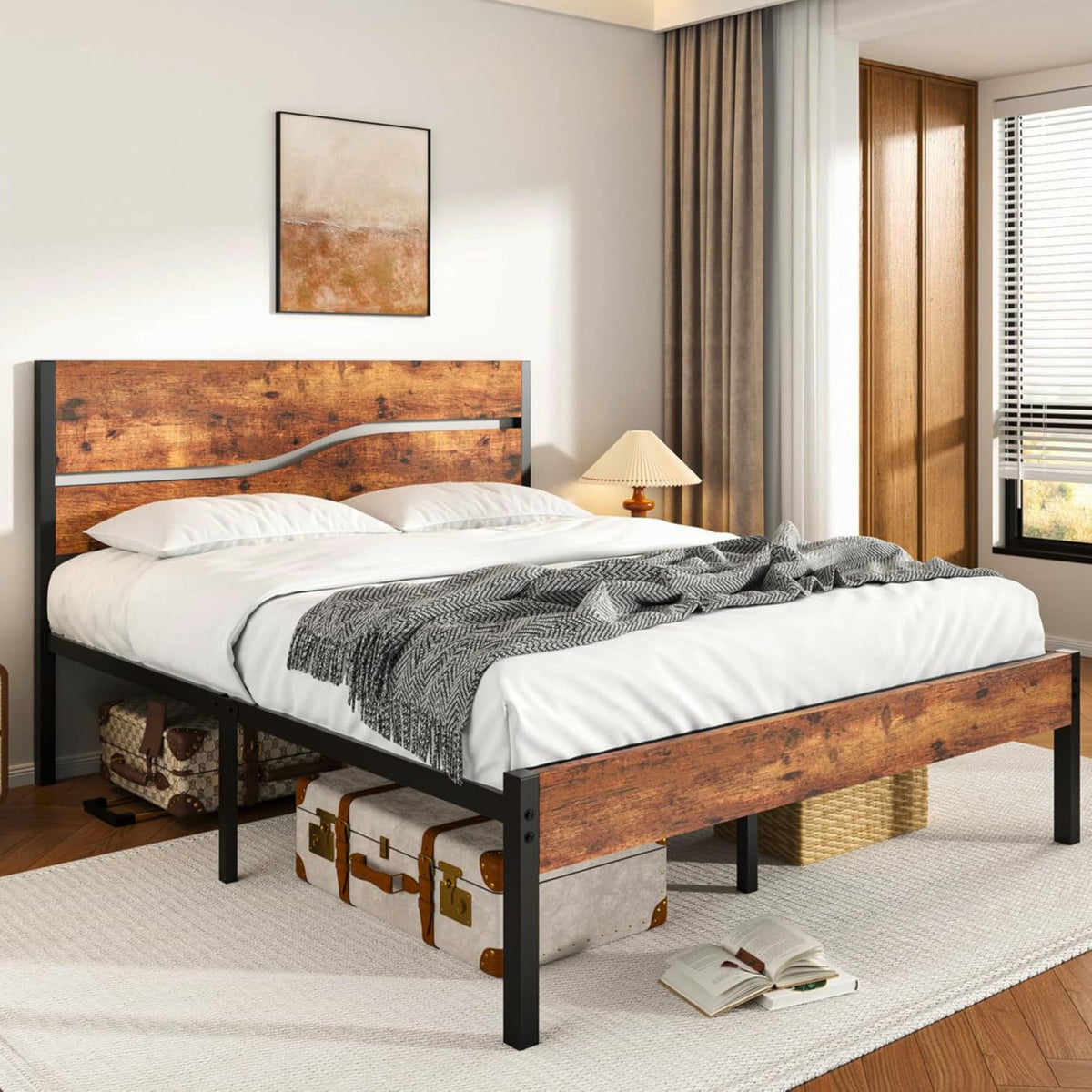 Full Size Metal Platform Bed with Wooden Headboard and Footboard K49459