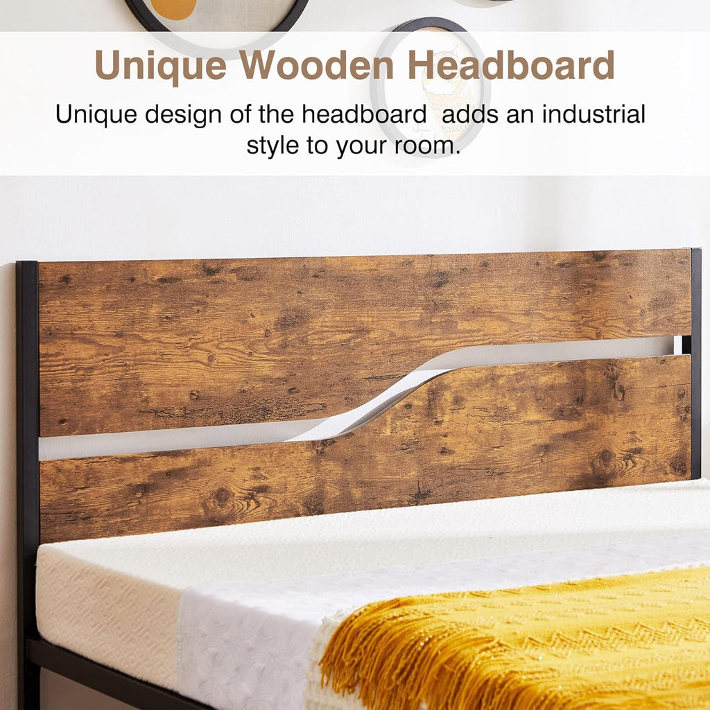 Full Size Metal Platform Bed with Wooden Headboard and Footboard K49459