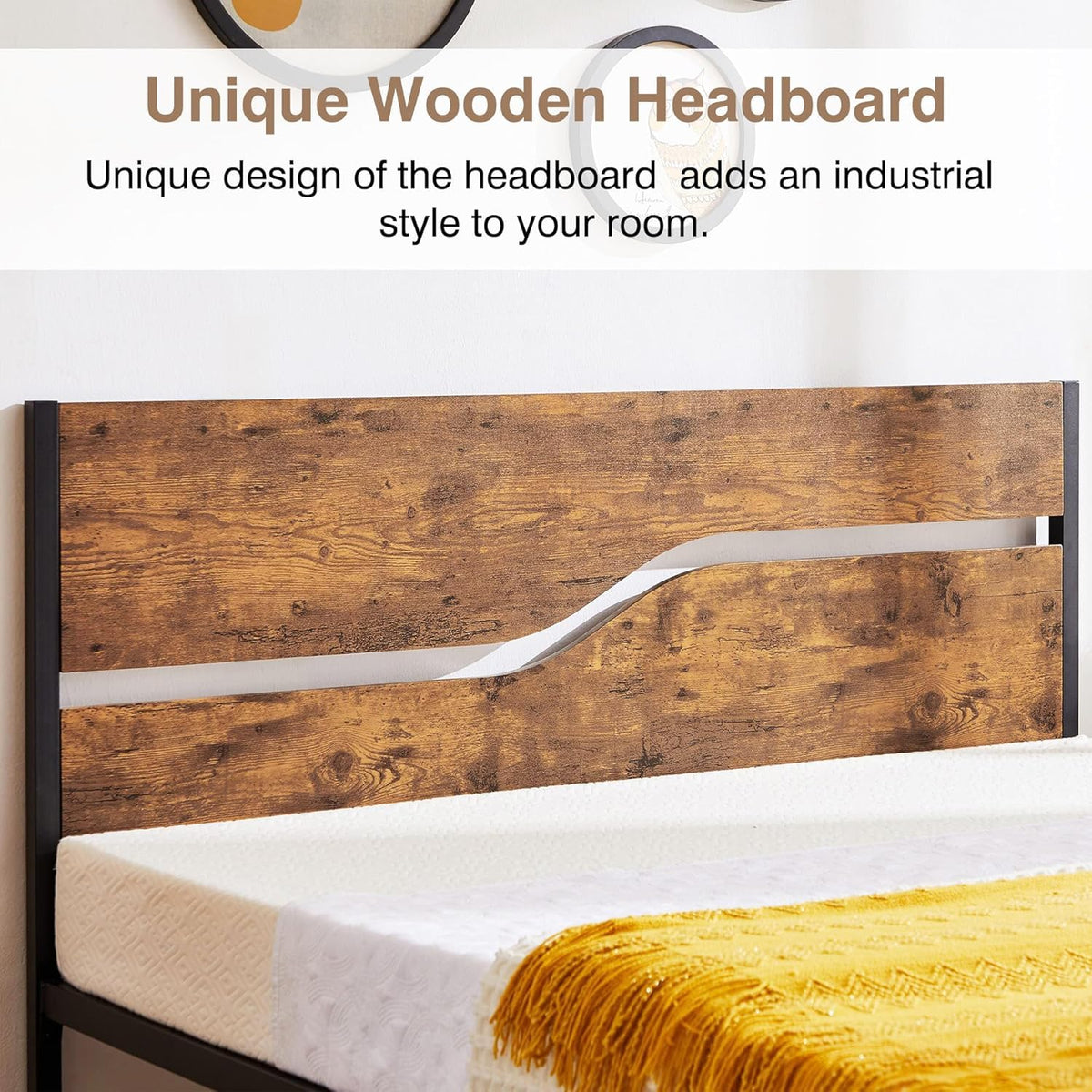 Full Size Metal Platform Bed with Wooden Headboard and Footboard K49459