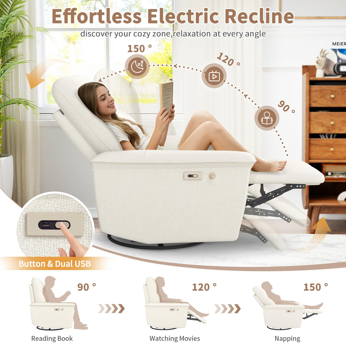 Power Swivel Rocker Recliner Chair with Phone Holder and USB Ports X98498
