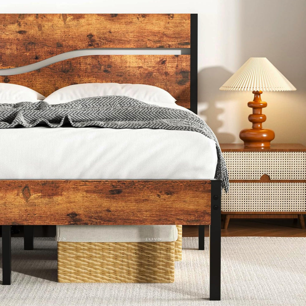 Full Size Metal Platform Bed with Wooden Headboard and Footboard K49459
