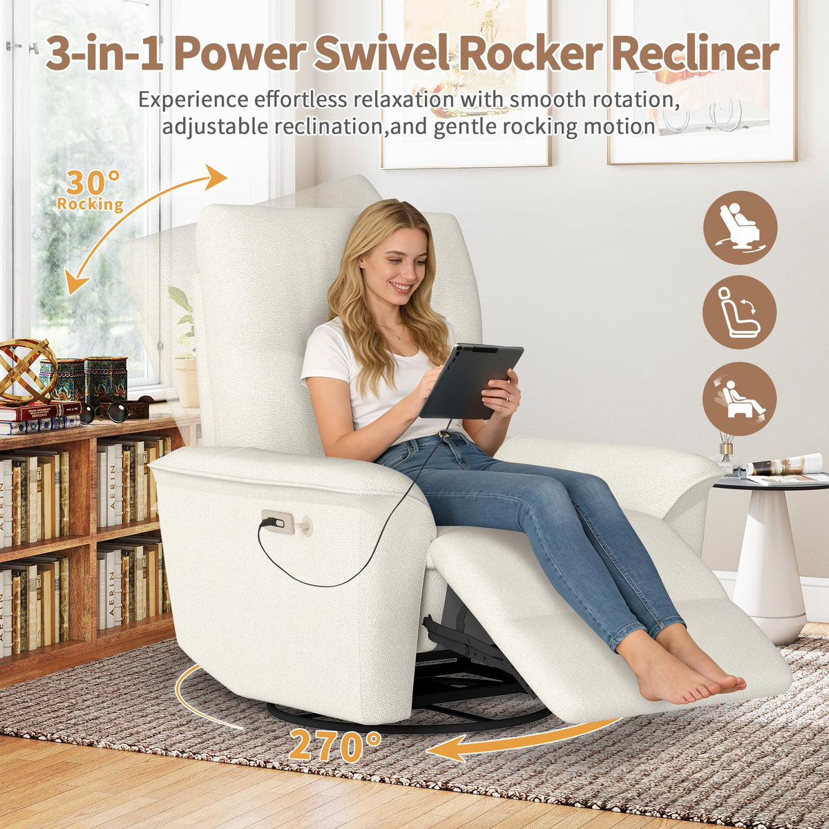 Power Swivel Rocker Recliner Chair with Phone Holder and USB Ports X98498