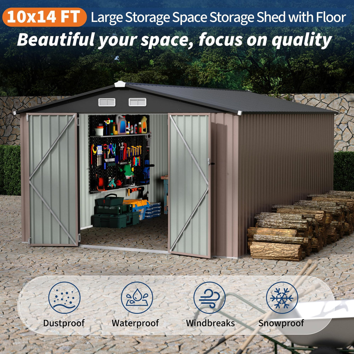 10X14 Ft Metal Storage Building with Lockable Door H8607